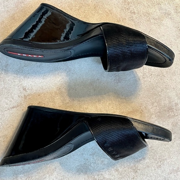 Prada Black/Sport NASTRA size 38 (8) Women Nylon Patent Leather Wedge Sandals - Picture 3 of 10